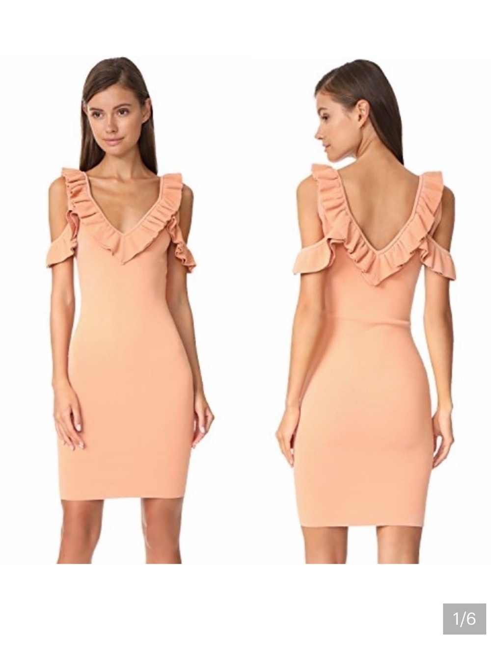 Ronny Kobo Y2K Ruffled V-Neck Knot Soft Girl Peach Coquette sheath Midi Dress